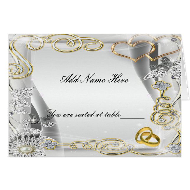 Mariage Or Anneaux Et Coeurs Table Carte Place (Devant Horizontal)