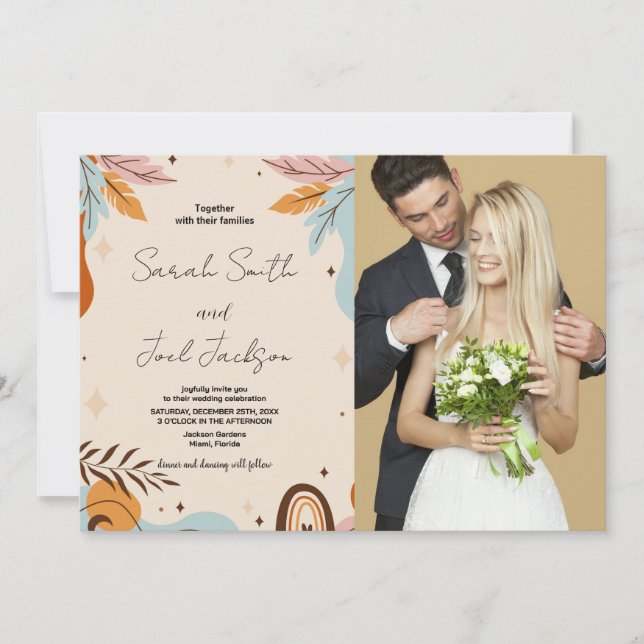 Mariage orange beige Invitations avec photo (Devant)