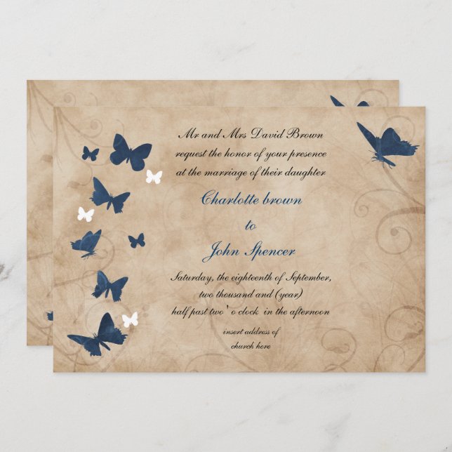 Mariage papillon vintage Invitations (Devant / Derrière)