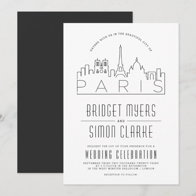 Mariage Paris, France | Invitation Skyline stylisé (Devant / Derrière)