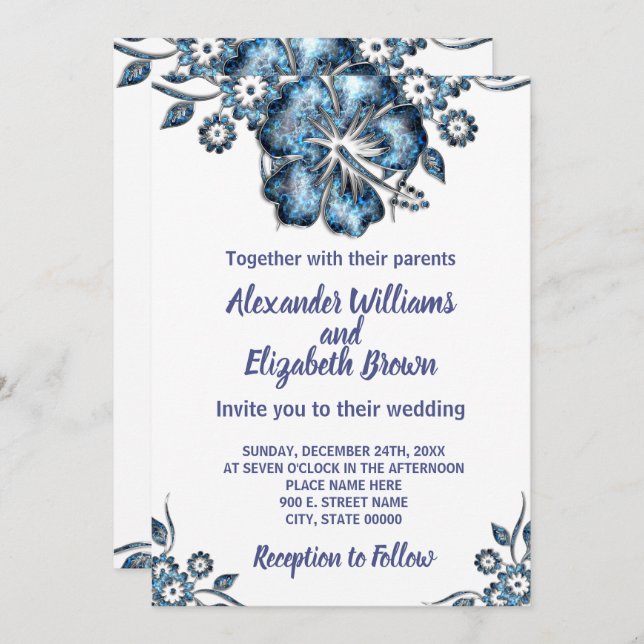 Mariage Pays Chic Blue Flower Invitation (Devant / Derrière)