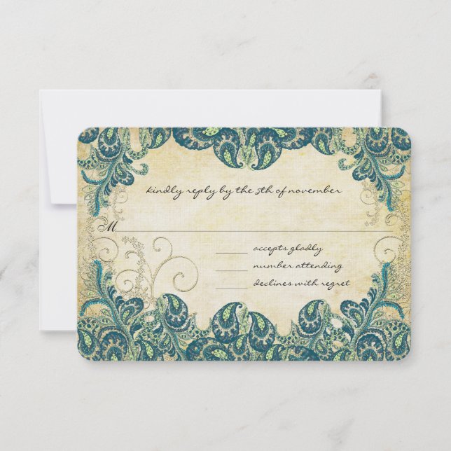 Mariage Peacock bleu et or Marine verte RSVP (Devant)