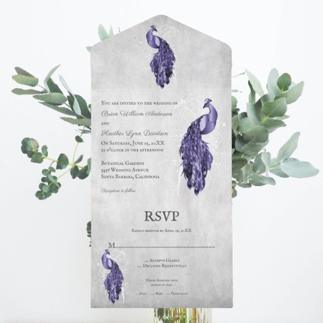 Mariage Peacock Violet Tout en une invitation (Purple Peacock All in One Wedding Invite)