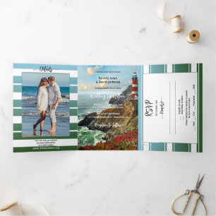 Mariage phare nautique triple invitation