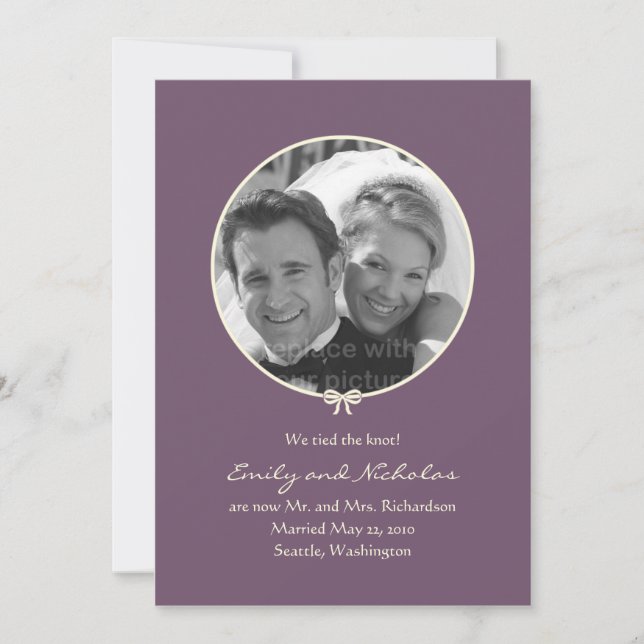 Mariage photo à noeud simple Faire-part - violet (Devant)