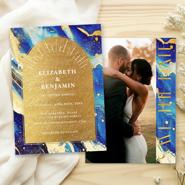 Mariage Photo Bleu Royal Or Arch Save the Date (Créateur téléchargé)