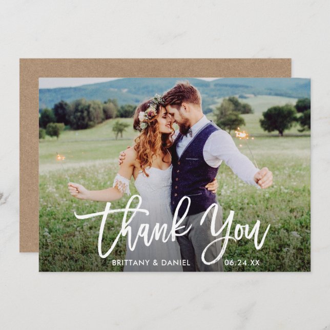 Mariage Photo Brush Script Kraft Carte de remercie (Devant / Derrière)
