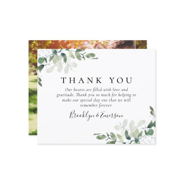 MARIAGE photo BUDGET Eucalyptus Carte de remerciem (Devant/Arrière en situation)