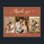 Mariage photo Budget Terracotta Gold Script<br><div class="desc">Budget, Élégant, Lettré à la main Mariage en Terracotta (3) Trois Photo Collage Merci personnalisé abordable petit budget carte THIN. Élégant modèle mariage avec trois photos sur le devant et une photo sur le dos. ***VEUILLEZ NOTER! *** LE DOCUMENT BUDGÉTAIRE/VOL EST MINCE. *** METTEZ À JOUR LE PAPIER POUR UN...</div>