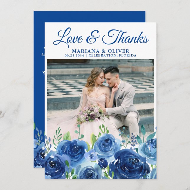 Mariage Photo Carte de remerciements bleu marine F (Devant / Derrière)