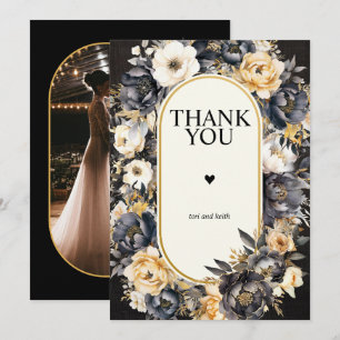 Mariage Photo Carte de remerciements Floral noir