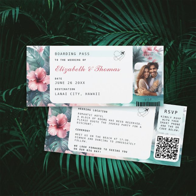 Mariage photo de la carte d'embarquement de destin (tropical destination wedding invitation ticket floral hibiscus watercolor qr code photo all in one)