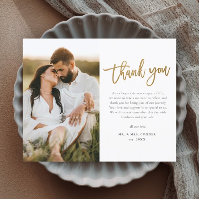 Mariage photo de script or moderne Merci (Modern gold script wedding photo thank you magnetic card.)
