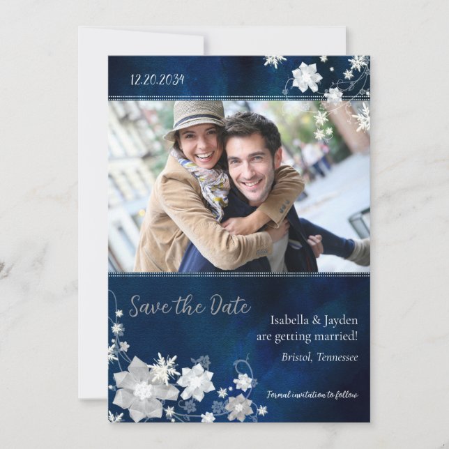 Mariage photo d'hiver bleu marine Save the Date (Devant)