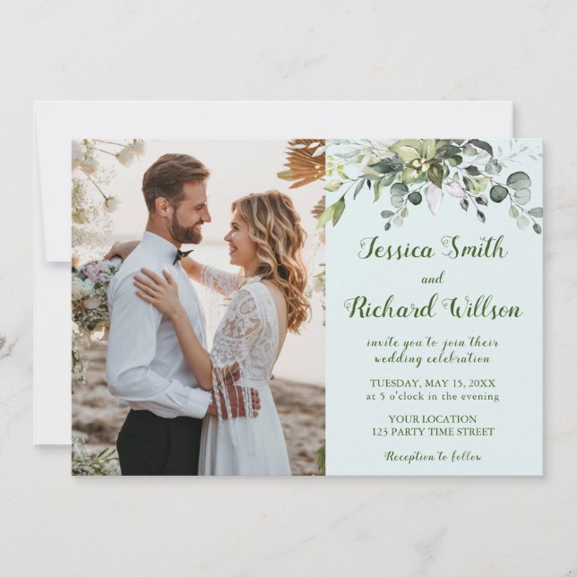 Mariage PHOTO Invitation Eucalyptus Aquarelle (Devant)
