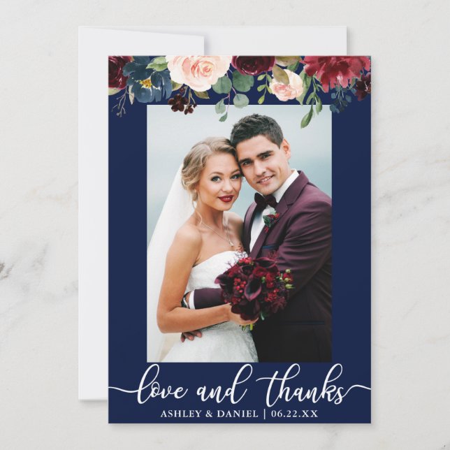 Mariage Photo Love Merci Bourgogne Floral Blue (Devant)