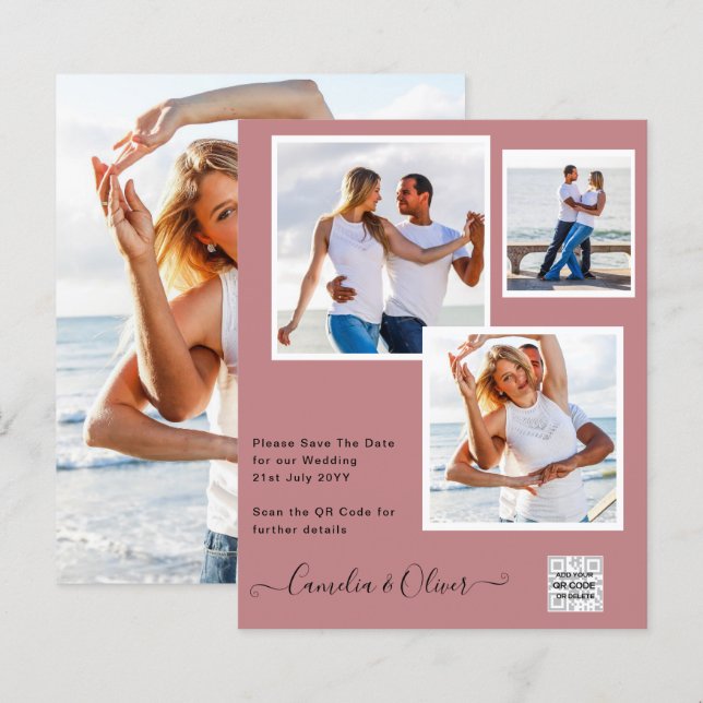 Mariage PHOTO moderne Inviter QR CODE RSVP DustyRO (Devant / Derrière)