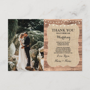 Mariage photo rustique Carte de remerciements Burl