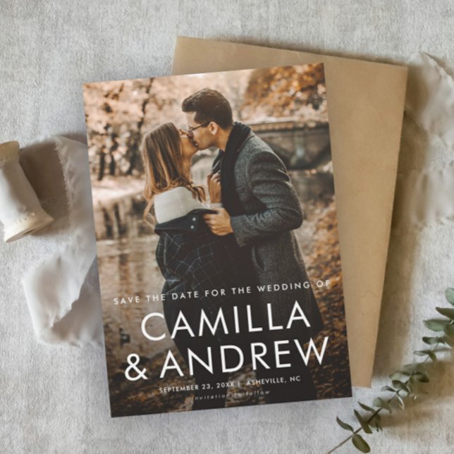 Mariage photo simple Enregistrer l'aimant Date (Simple photo wedding save the date magnet with modern typographic overlay.)