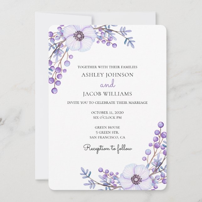 Mariage pourpre. Fleurs lilas. Invitation florale (Devant)
