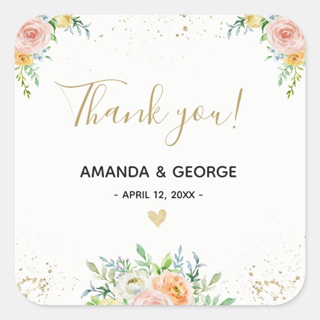 Mariage préférence autocollant floral or et rose (Devant)