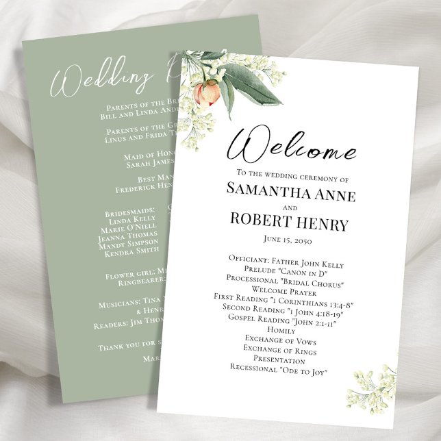 Mariage Programme de bienvenue Floral Green Script (Peach floral design with green background. )