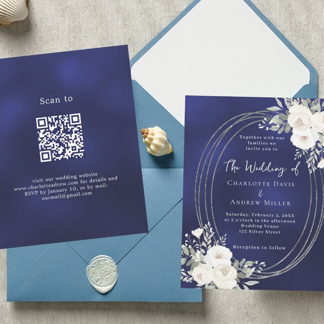 Mariage QR RSVP invitation de Navy blue floraux bl (Créateur téléchargé)