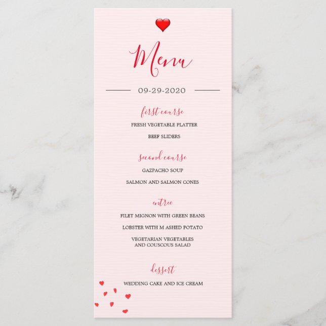 Mariage Red Heart Modern Simple Mariage Menu (Devant)