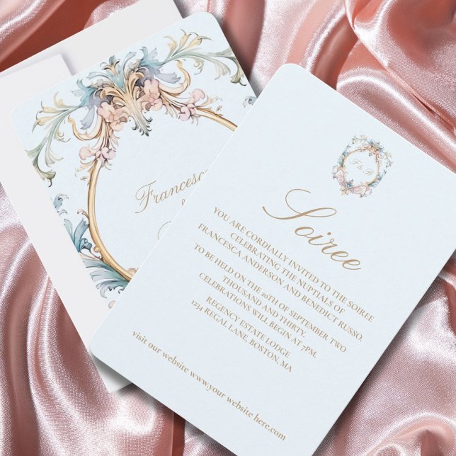 Mariage Regency Blue Monogram Élégante Invitation (Créateur téléchargé)