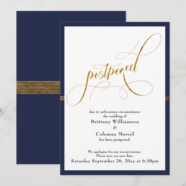 Mariage Reporté Élégante Carte Rayée Navy & Or (Devant / Derrière)