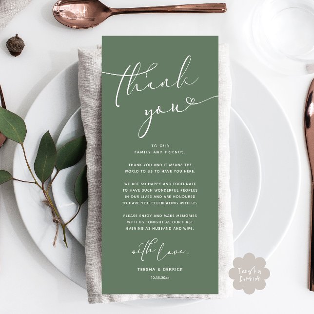 Mariage romantique Cadre Carte de remerciements (Romantic Wedding Dinner Lunch Brunch Party Place Setting Thank You Card Sage Green)