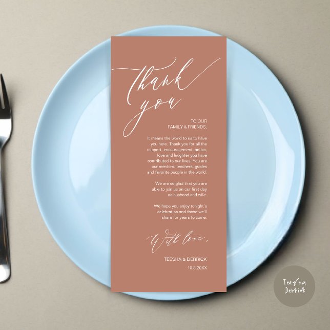 Mariage romantique Cadre Carte de remerciements (Romantic Wedding Dinner Place Setting Thank You Card, in Terracotta Earthy Brown)