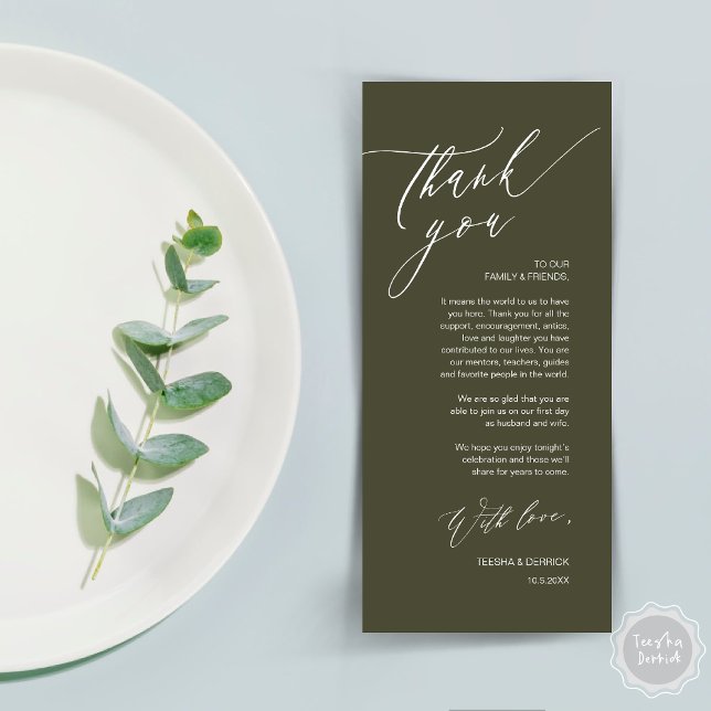 Mariage romantique Cadre Carte de remerciements (Romantic Wedding Dinner Place Setting Thank You Card, in Olive Green)