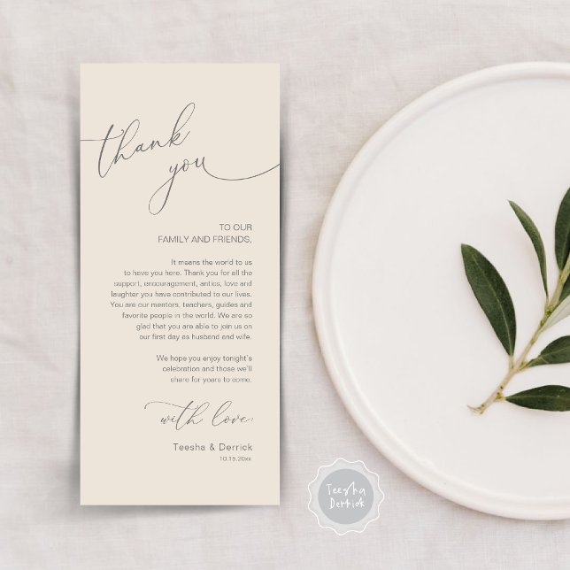 Mariage romantique Cadre Carte de remerciements (Modern Romantic Wedding Lunch, Brunch, Dinner Place Setting Thank You Card, in Cream Grey)