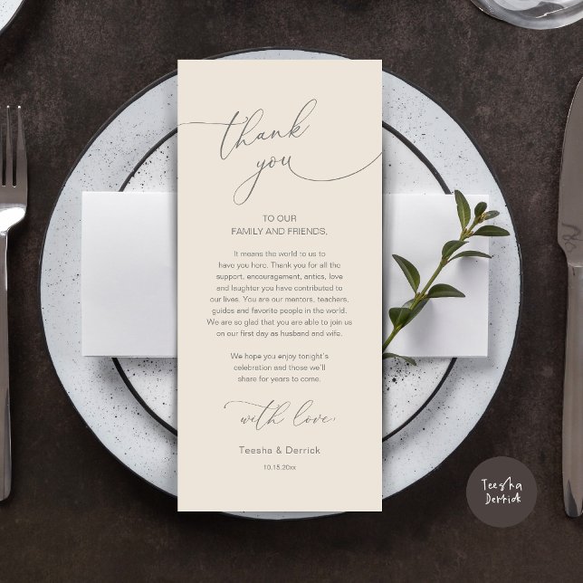 Mariage romantique Cadre Carte de remerciements (Modern Romance Wedding Dinner, Lunch and Brunch Place Setting Thank You Card, in Cream Grey)