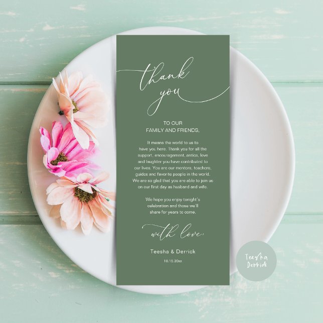 Mariage romantique Cadre Carte de remerciements (Modern Romance Wedding Dinner, Lunch and Brunch Place Setting Thank You Card, in Sage Green)