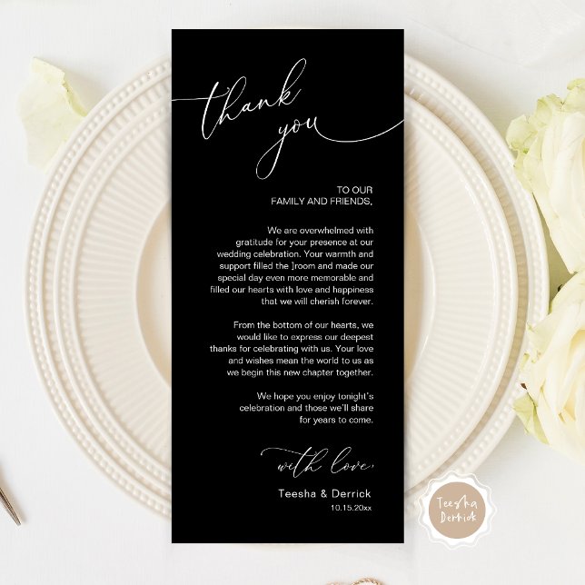 Mariage romantique Cadre Carte de remerciements (Wedding Dinner Place Setting Thank You Card, Modern Romantic Script, in black and white)