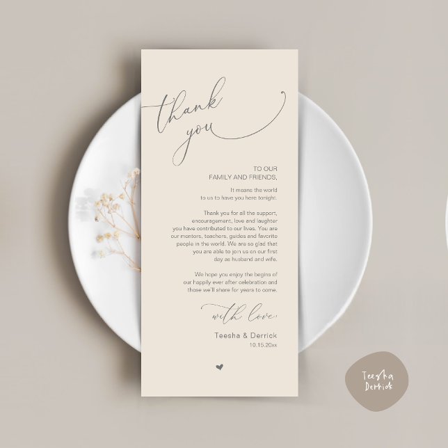 Mariage romantique Cadre Carte de remerciements (Modern Romantic Wedding Dinner Place Setting Thank You Card, Plate Decor, in Dark Grey and Cream)