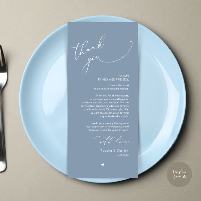 Mariage romantique Cadre Carte de remerciements (Modern Romantic Wedding Dinner Place Setting Thank You Card, Plate Decor, in Dusty Blue)