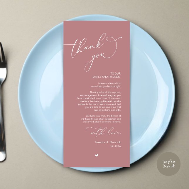 Mariage romantique Cadre Carte de remerciements (Modern Romantic Wedding Dinner Place Setting Thank You Card, Plate Decor, in Dusty Rose Pink)