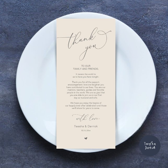 Mariage romantique Cadre Carte de remerciements (Modern Romantic Wedding Dinner Place Setting Thank You Card, Plate Decor, in Dark Grey and Cream)
