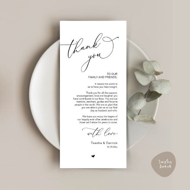 Mariage romantique Cadre Carte de remerciements (Romantic Modern Wedding Dinner Place Setting Thank You Card, in Black and White)