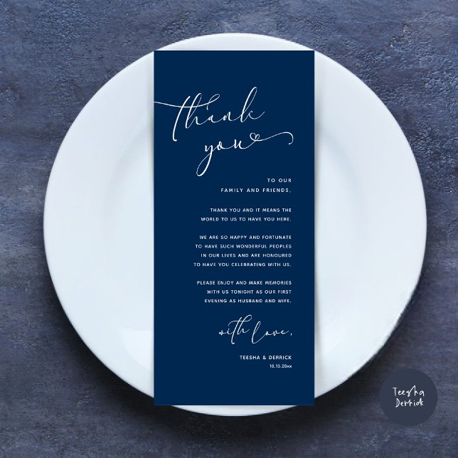 Mariage romantique Cadre Carte de remerciements (Romantic Minimalist Wedding Dinner Place Setting Thank You Card, in Navy Blue)