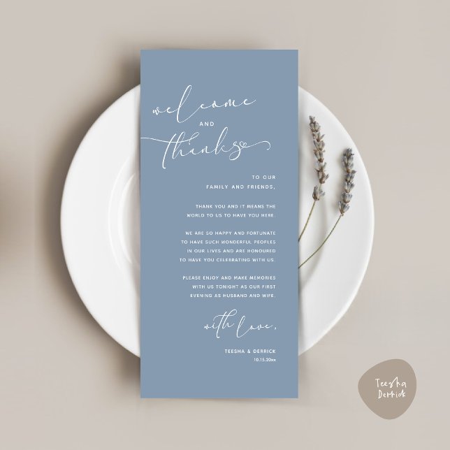 Mariage romantique Cadre Carte de remerciements (Romantic Wedding Dinner Place Setting Thank You Card, in Dusty Blue)