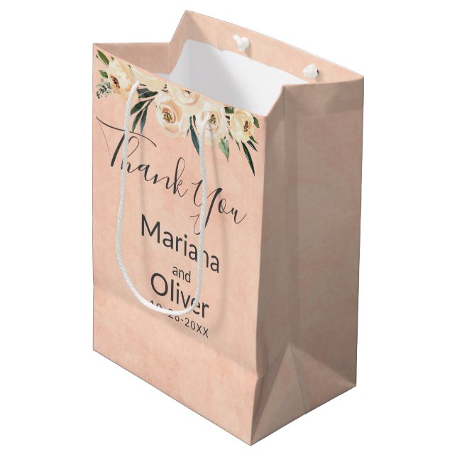 Mariage rose beige floral - Sac cadeau moyen (Devant Angle)
