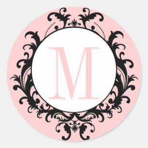 Mariage rose chic Monogram M Damask Étiquette