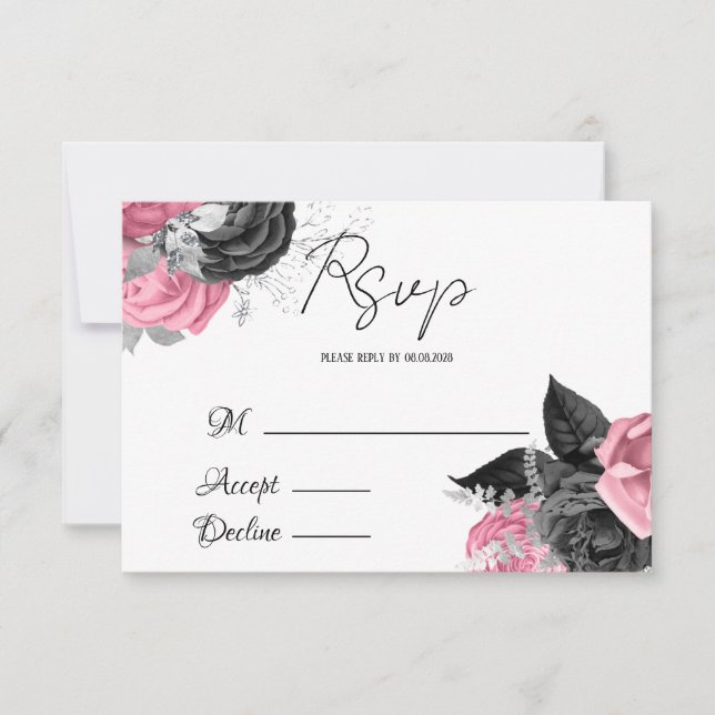 Mariage rose et noir floral de luxe RSVP (Devant)