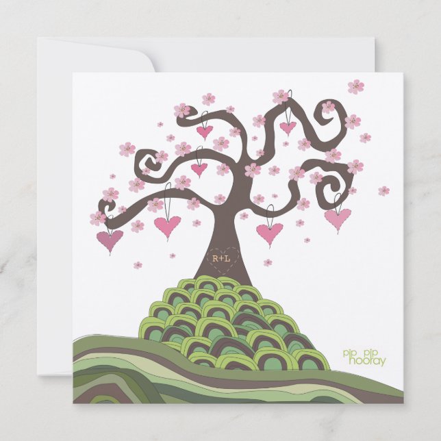 Mariage rose vert Monogram Blossom Tree Invitation (Devant)