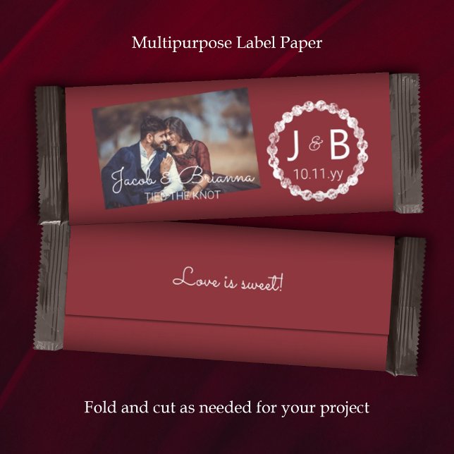 Mariage rouge Bourgogne Candy Bar Wrapper avec pho (burgundy dark red maroon wedding chocolate candy bar wrapper paper label party favor personalized)