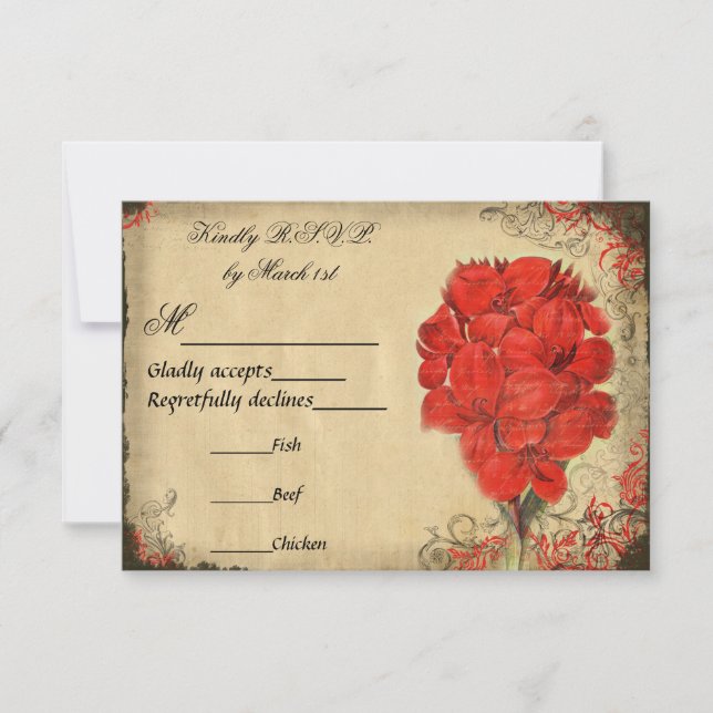 Mariage Rouge Floral Vintage RSVP (Devant)